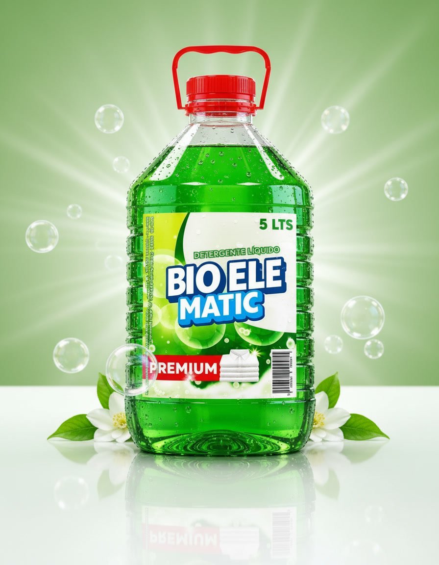 Botella de Detergente Líquido BIO ELE MATIC PREMIUM de 5 litros con burbujas y flores de jazmín